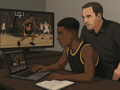 High school basketball player editing a highlight video with a coach